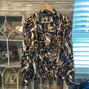 Jones New York Blue and Tan Patterned Blouse with Ruffles in Front, Size 14
